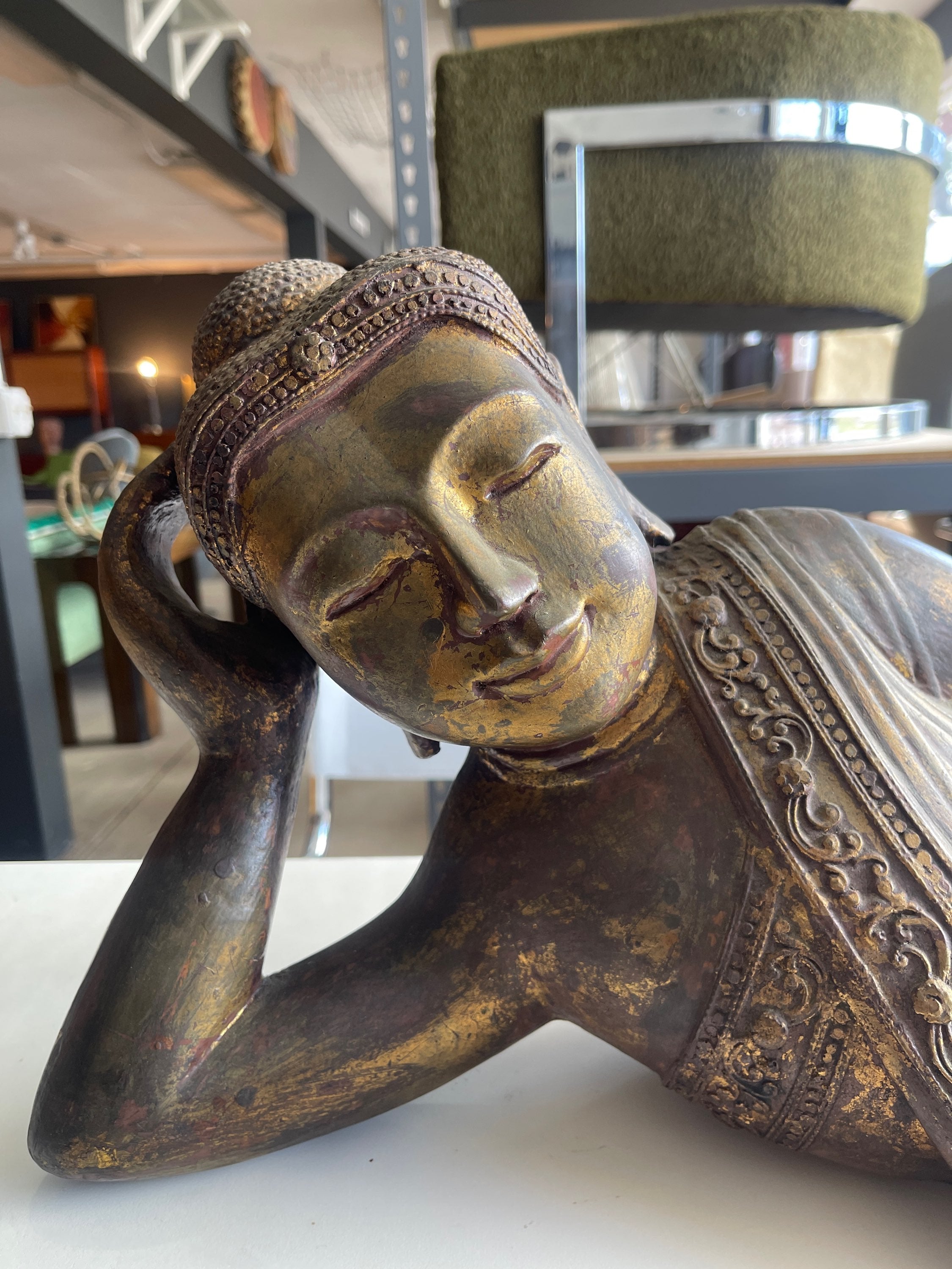 Vintage Serenity: Reclining Buddha Sculpture with Intricate Detailing image 6