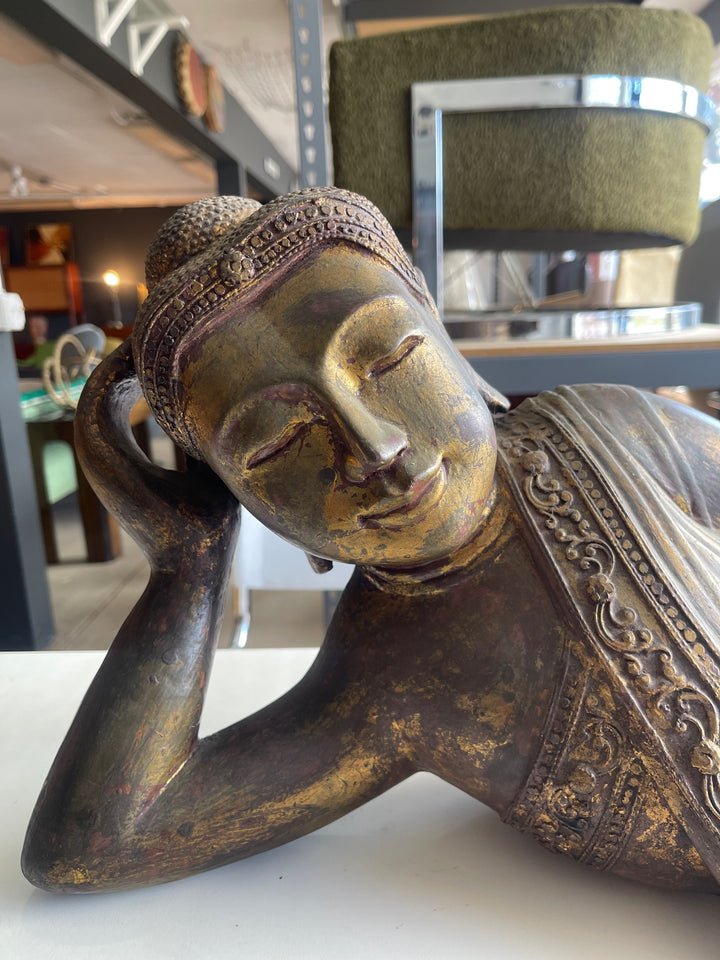 Vintage Serenity: Reclining Buddha Sculpture with Intricate Detailing image 6