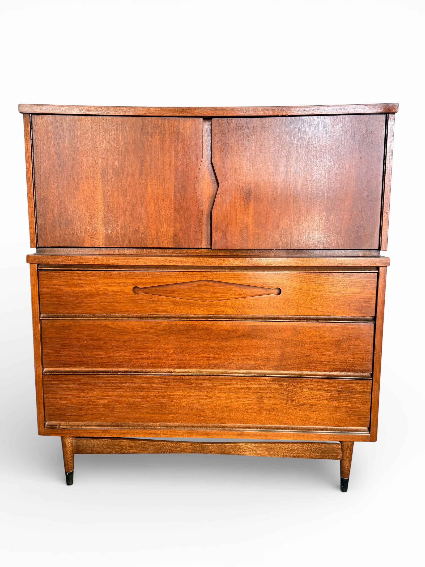 Bassett Furniture Walnut Chest on Chest Highboy Dresser, 1965 Mid Century Modern