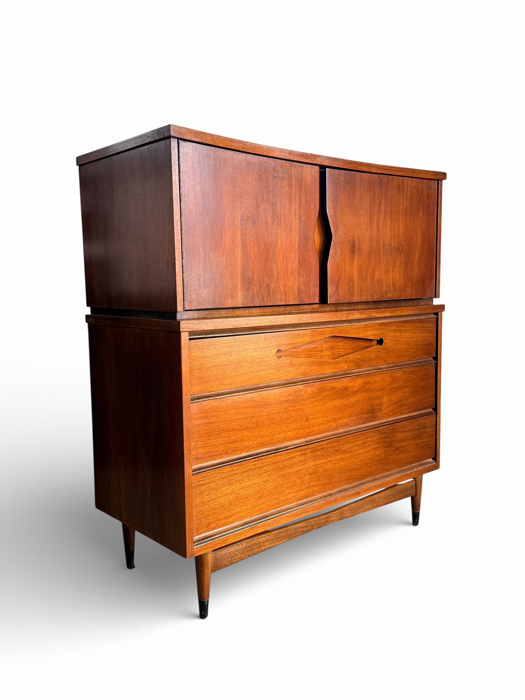 Bassett Furniture Walnut Chest on Chest Highboy Dresser, 1965 Mid Century Modern