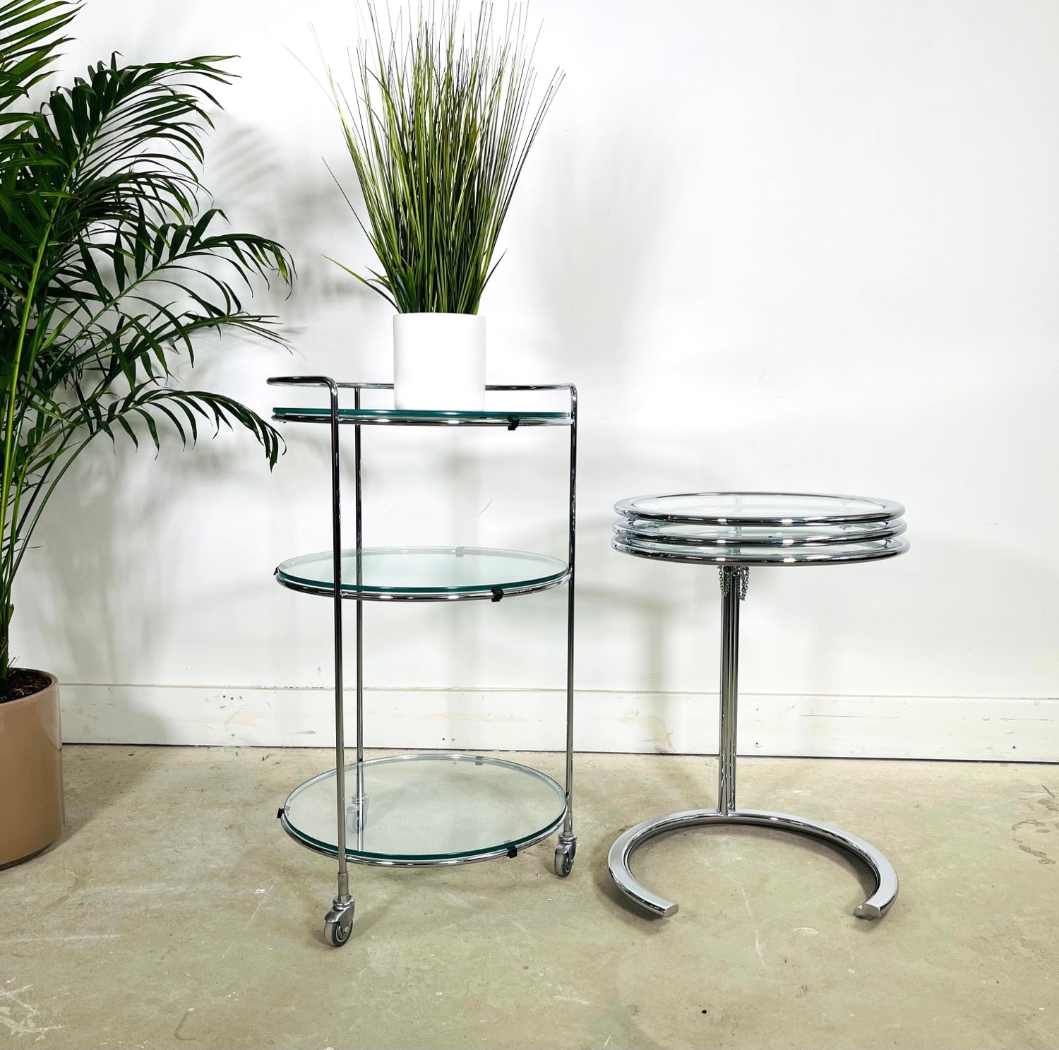 Set 4 Chrome & Glass Bar Cart & Nesting Table Eileen Gray Style image 5