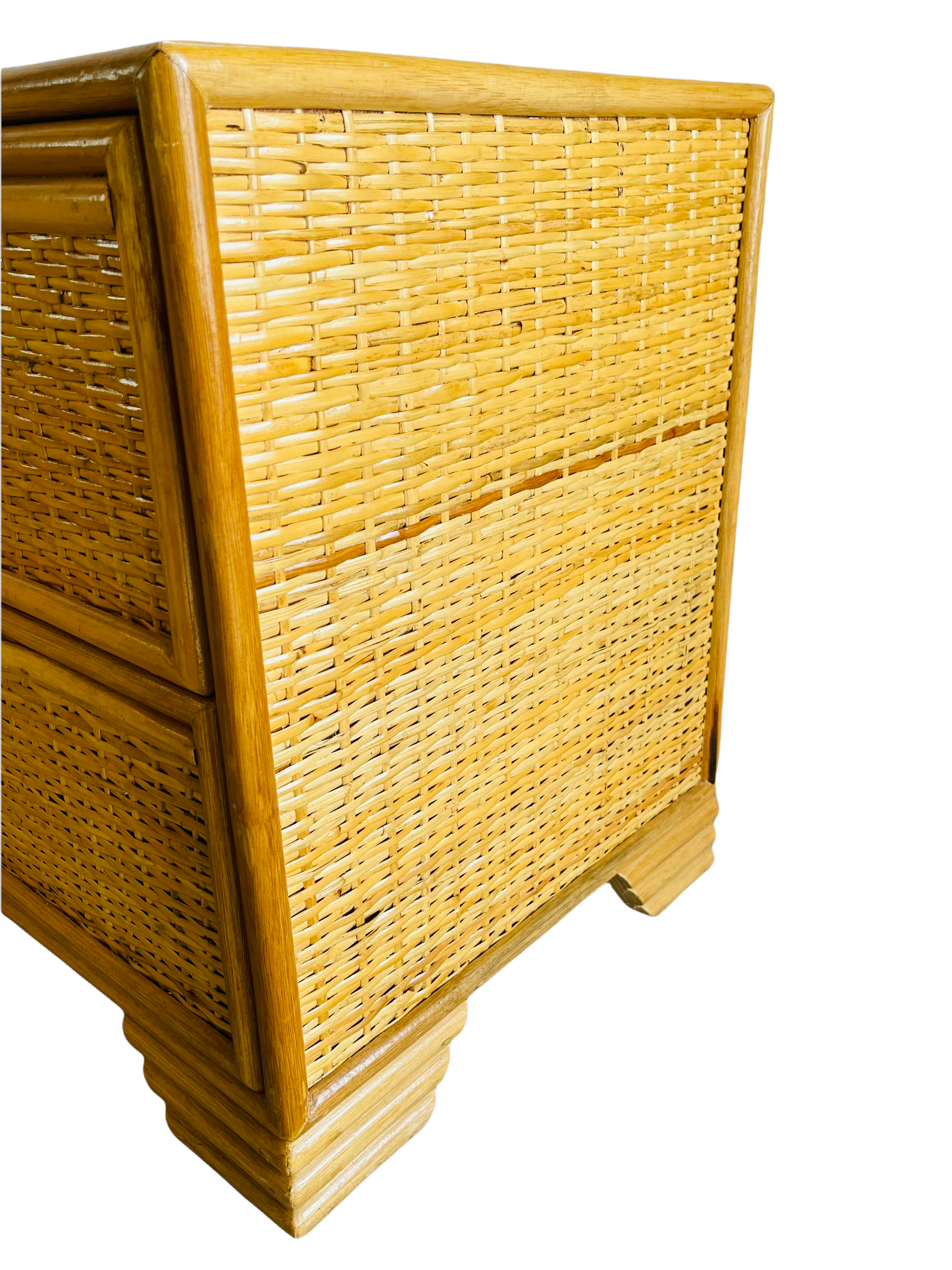 1970s Pair Spanish Lace Wicker & Bamboo Two Drawer Nightstands  image 9