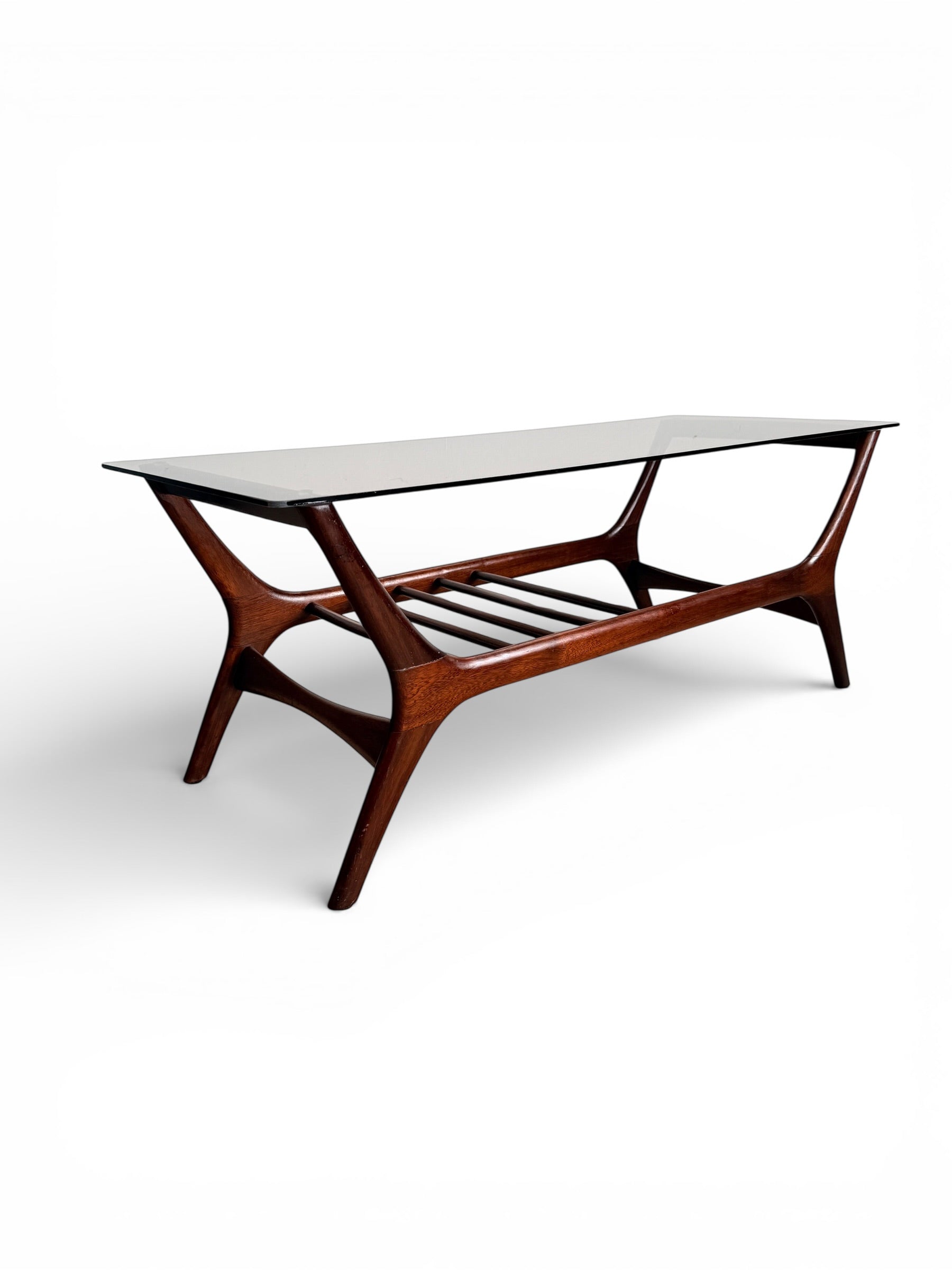 Mid-Century Scandinavian Walnut Sculptural Coffee Table with Smoked Glass Top