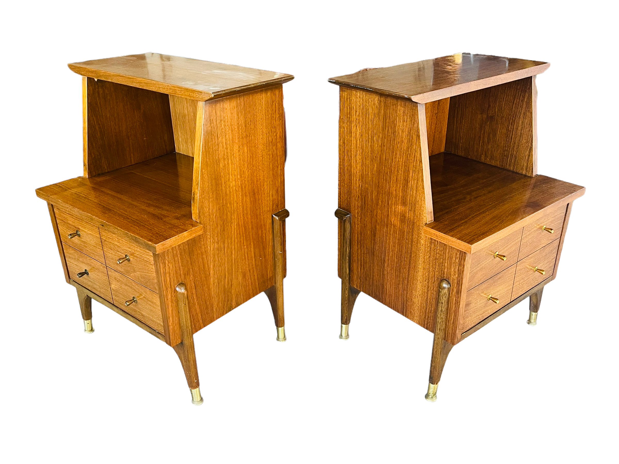 Pair Mid Century Modern Walnut Two Tiered Nightstands  image 3
