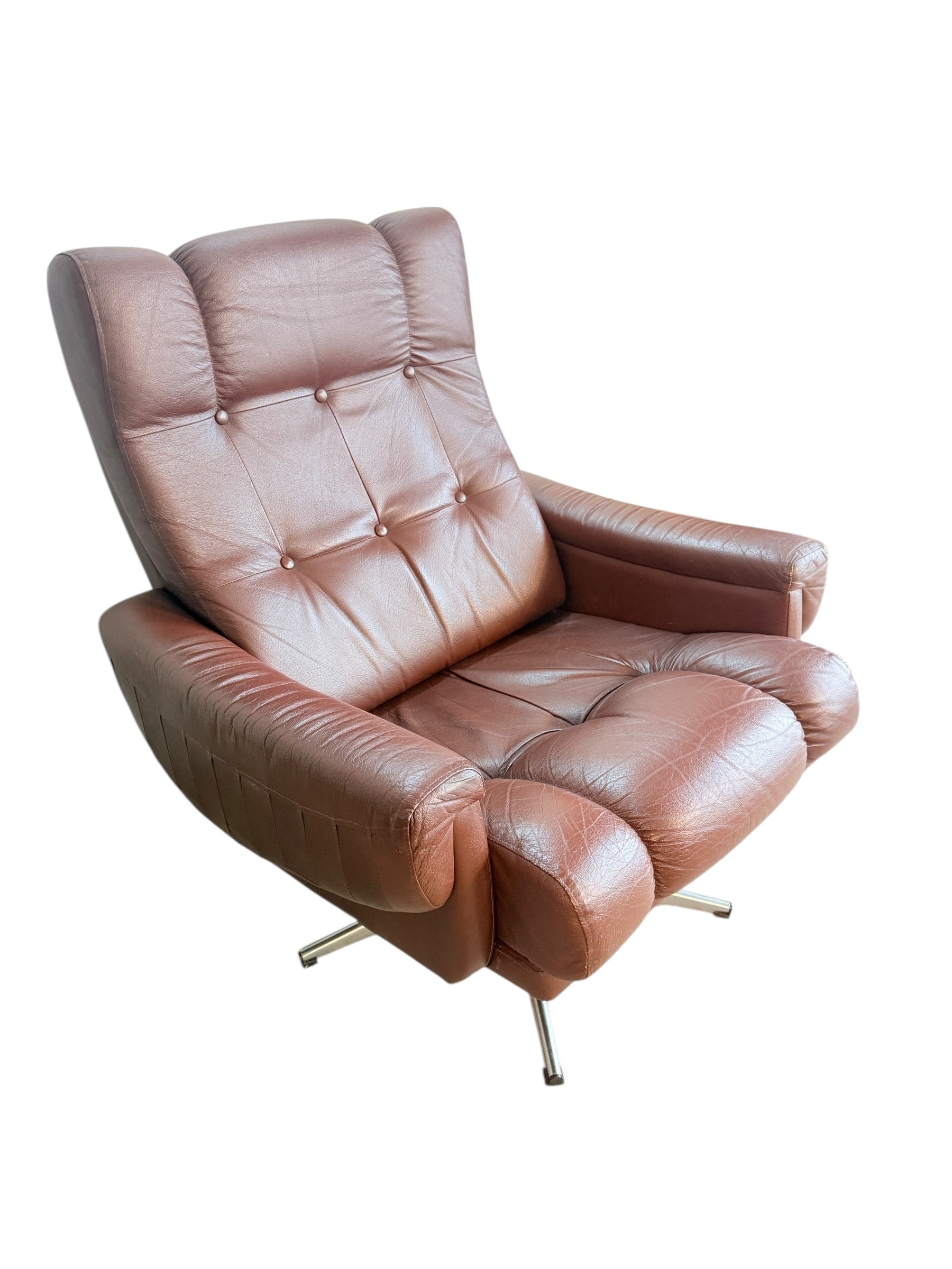 1960s Scandinavian Brown Leather Swivel Lounge Chair image 10