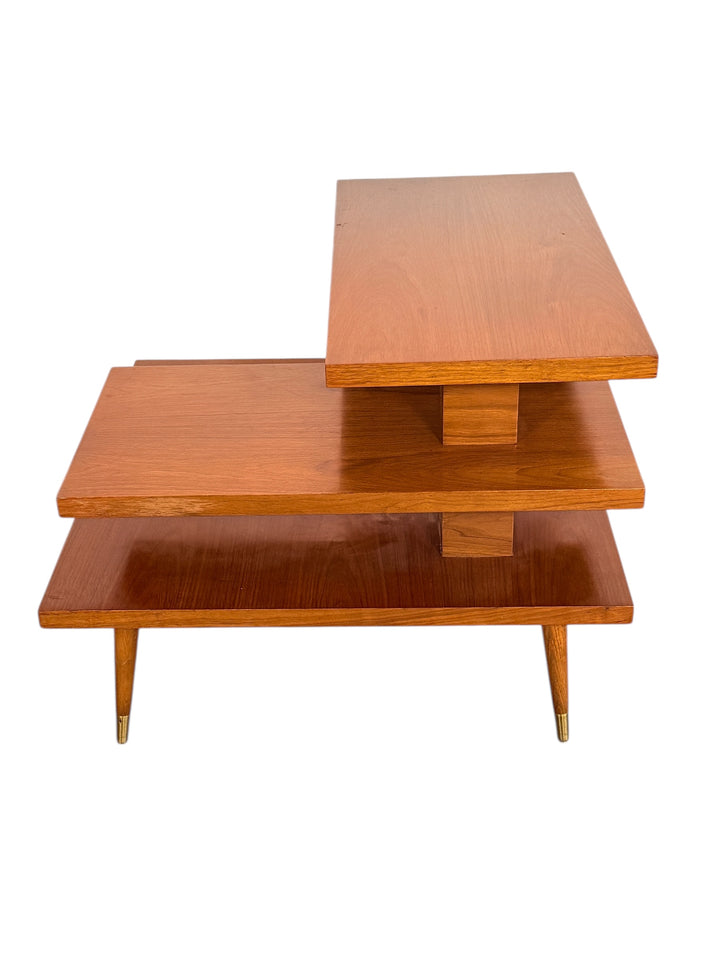 Mid Century Modern Walnut 3-Tier Side Table with Brass Tapered Legs image 10