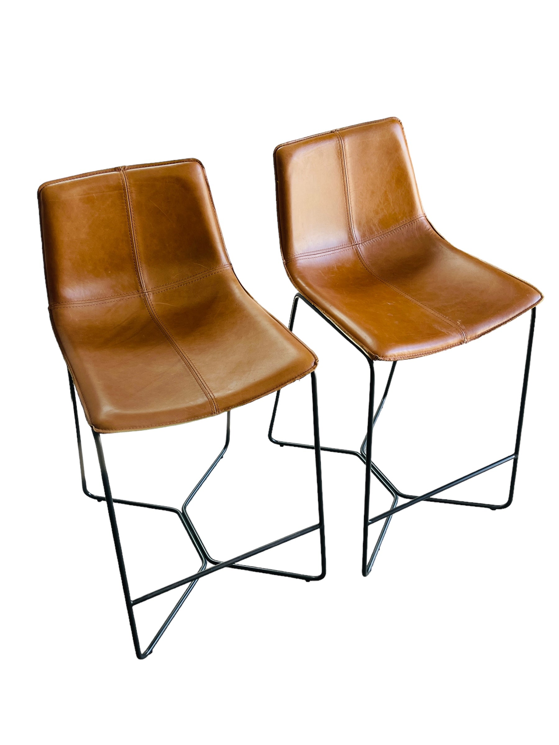 Pair of Brown Leather Bar Stools image 1