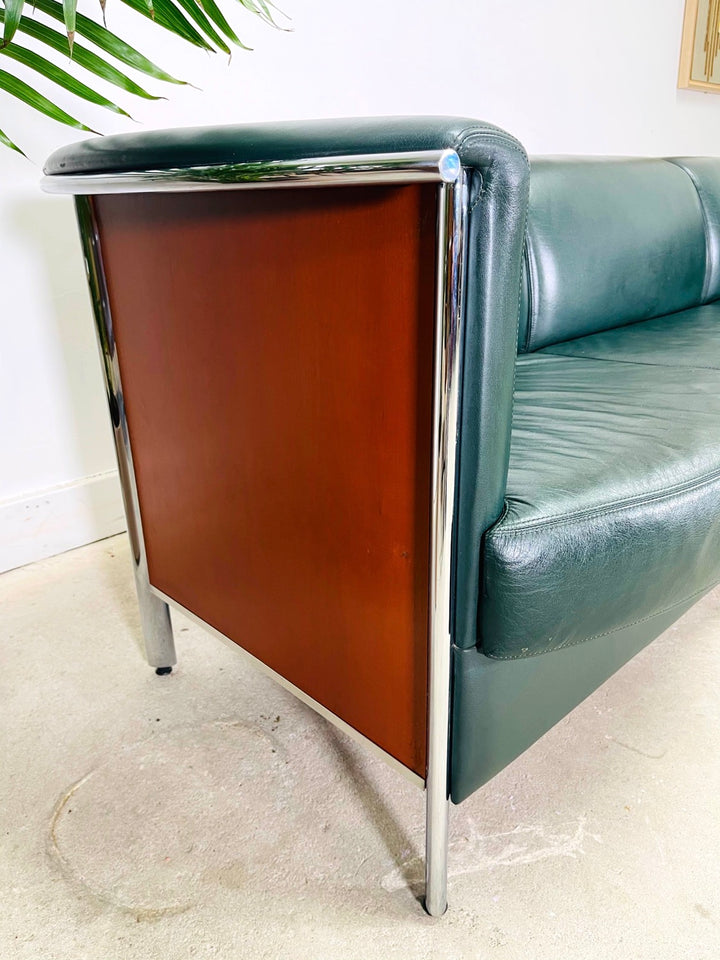 Vintage Teak & Chrome Office Leather Sofa image 8