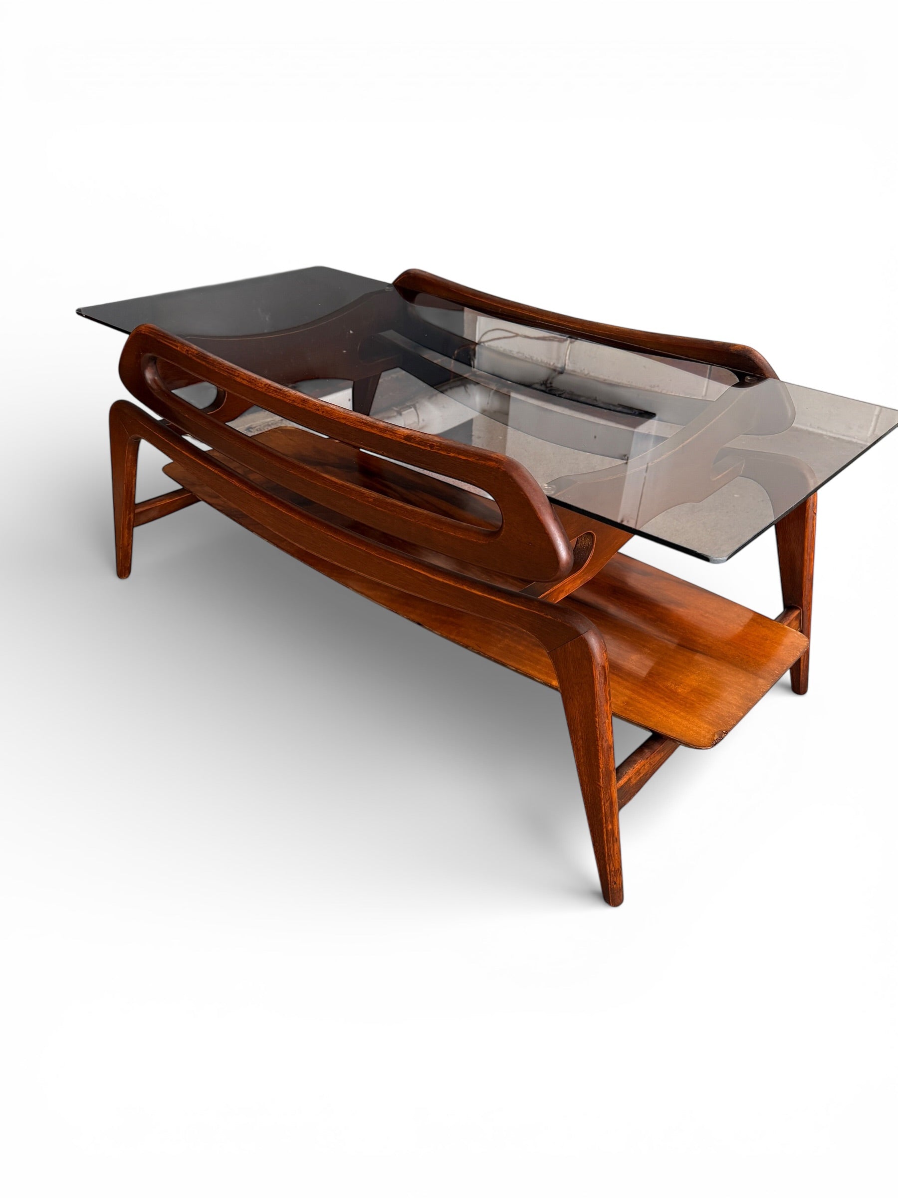 Mid Century Scandinavian Walnut Coffee Table with Smoked Glass Top