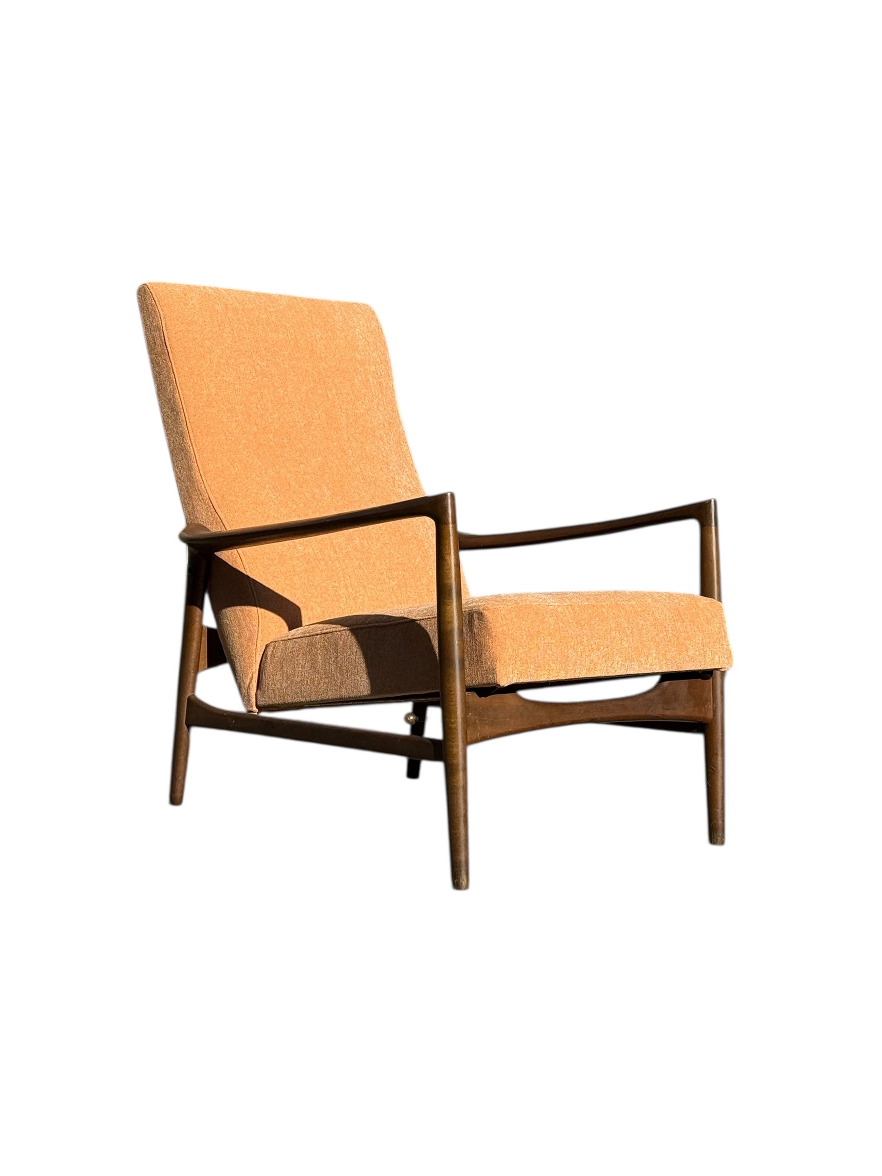 Mid Century Danish Modern Recliner by IB Kofod Larsen in Walnut – Newly Upholstered Lounge Chair