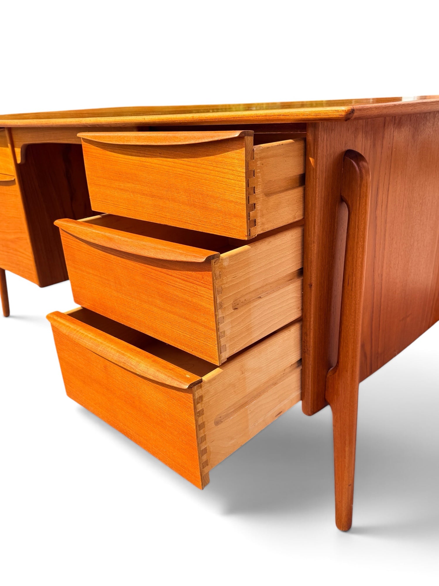 Svend Aage Madsen executive teak desk right pedestal drawers open showing dovetail joinery