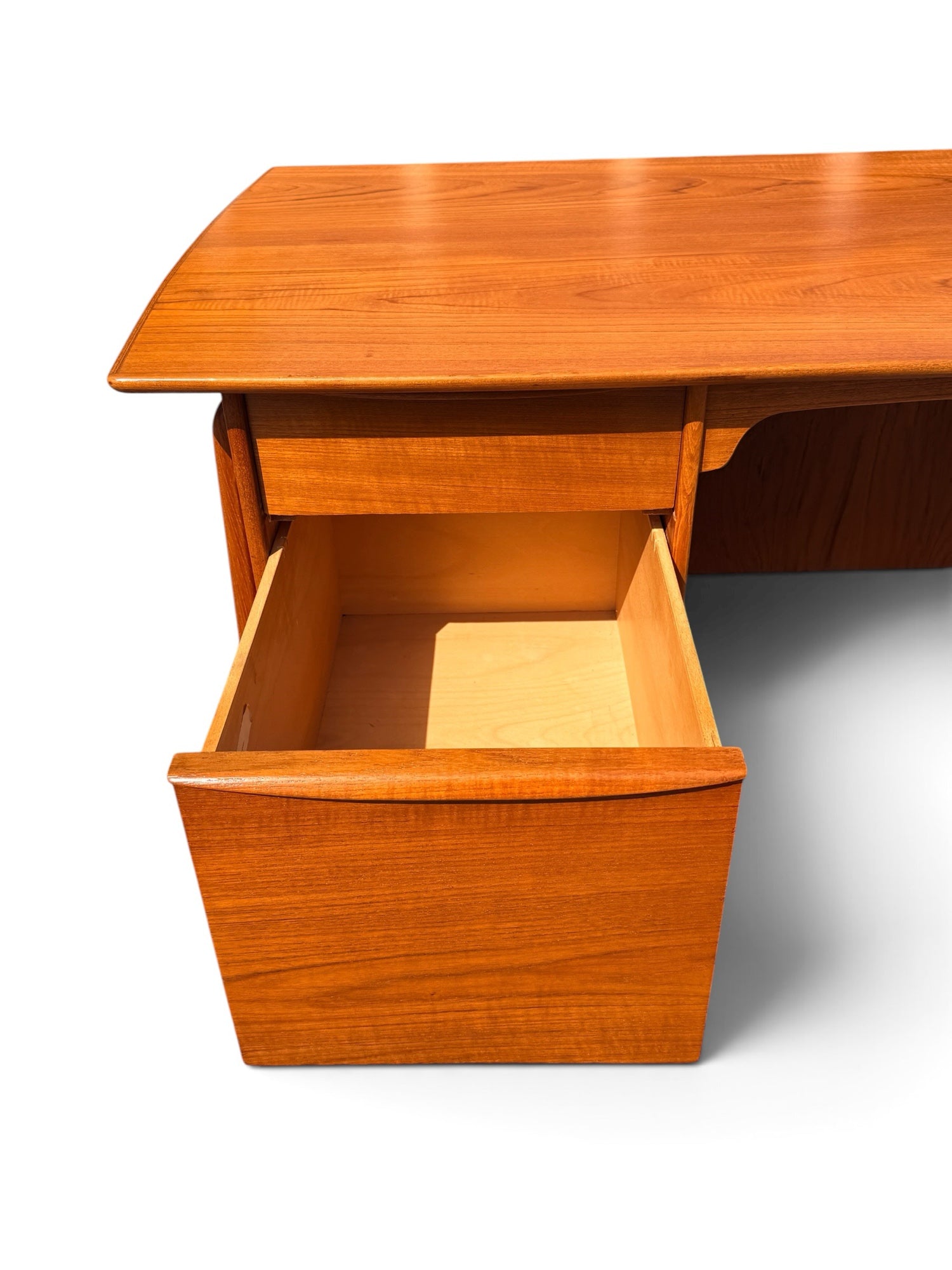 Svend Aage Madsen executive teak desk fall-front typewriter drawer open showing brass hinges and pull-out surface