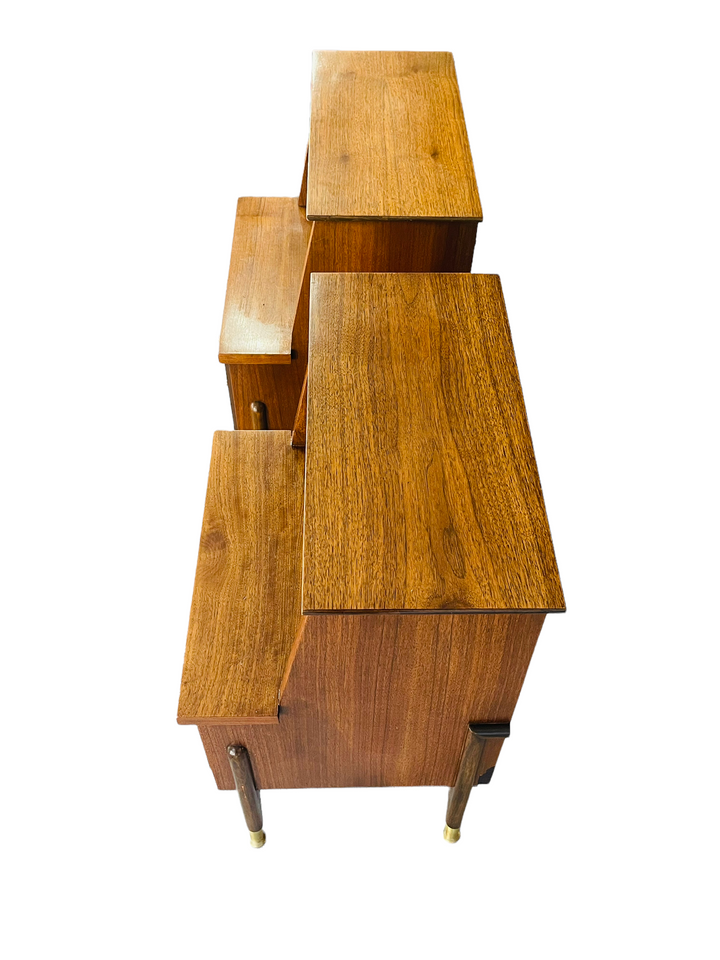 Pair Mid Century Modern Walnut Two Tiered Nightstands  image 6