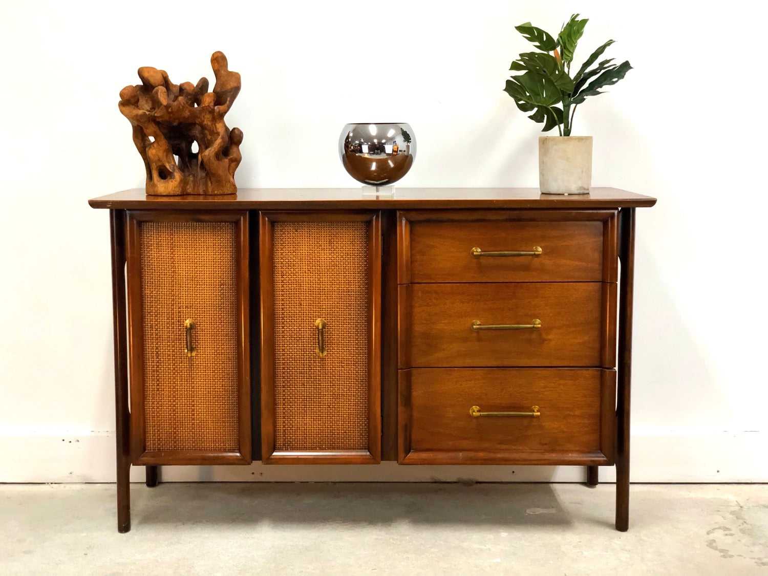 Mid-Century Modern wicker & Walnut Credenza with Sculptured Legs image 1