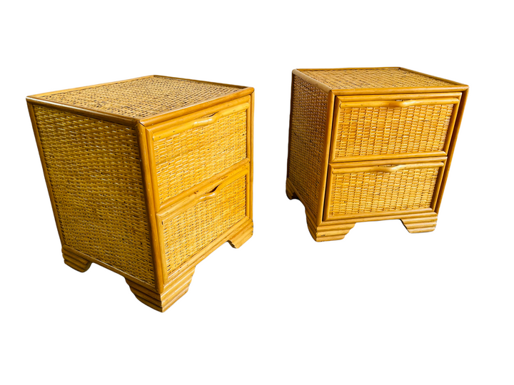 1970s Pair Spanish Lace Wicker & Bamboo Two Drawer Nightstands  image 10