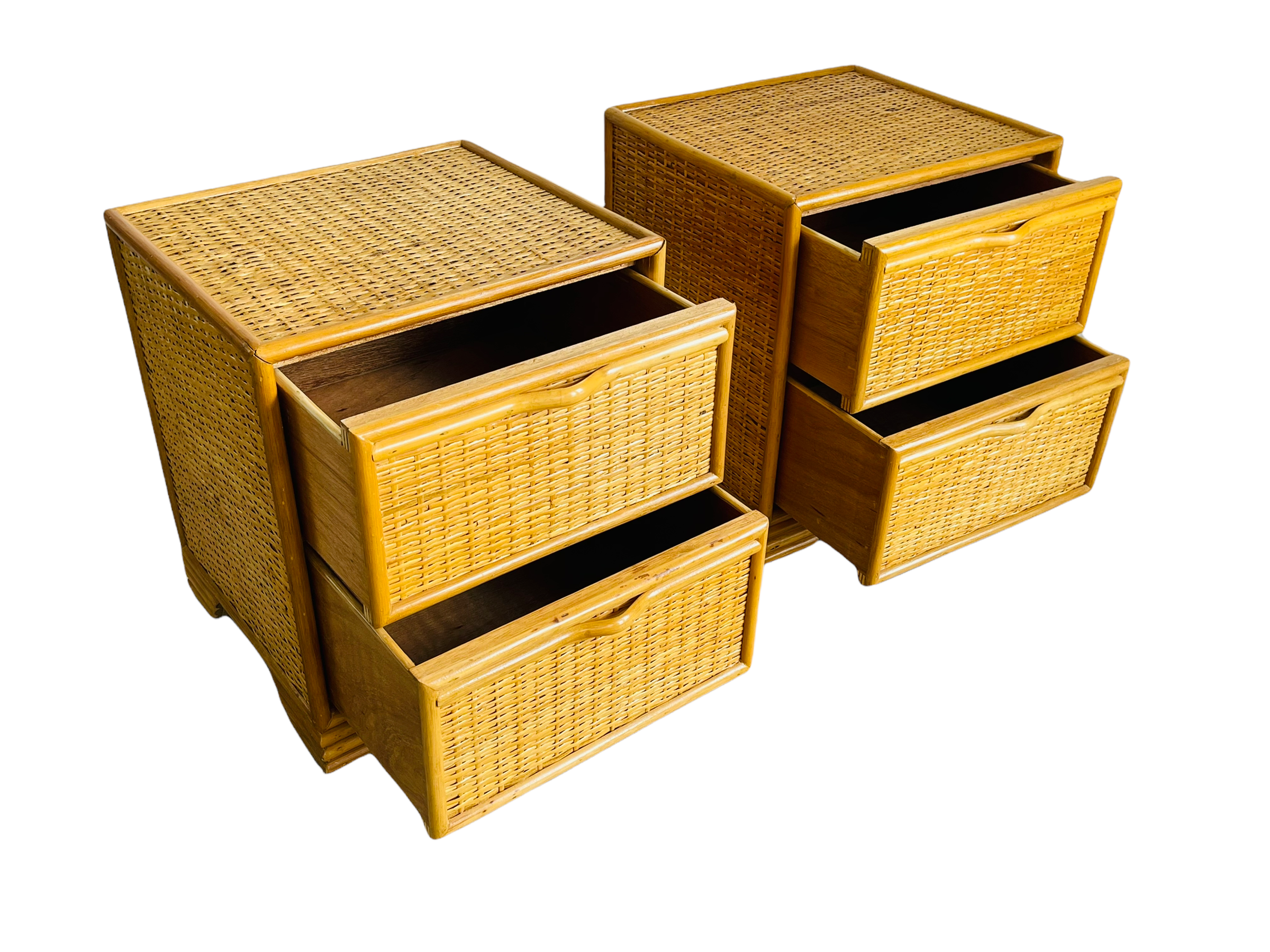 1970s Pair Spanish Lace Wicker & Bamboo Two Drawer Nightstands  image 3