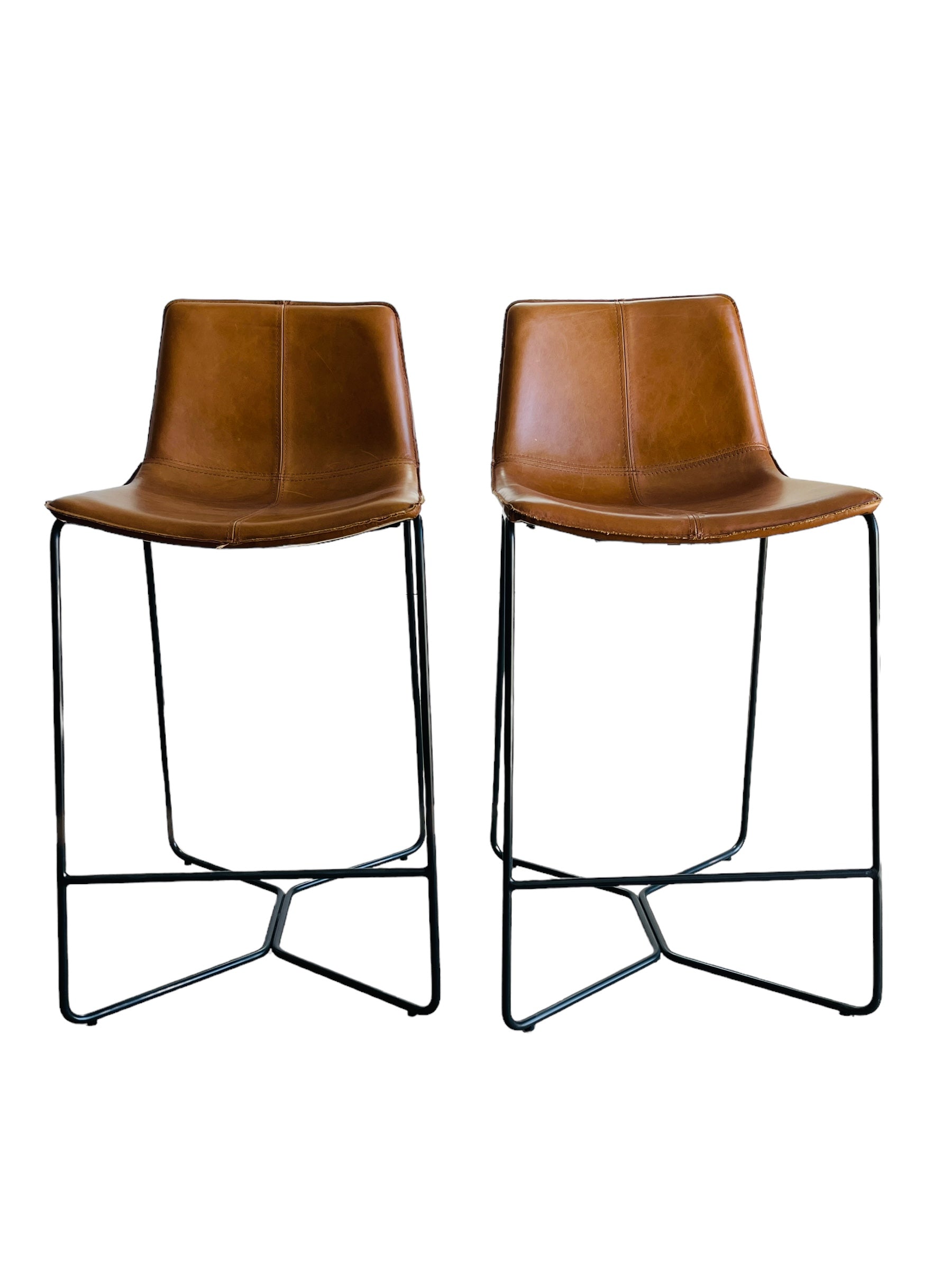 Pair of Brown Leather Bar Stools image 0