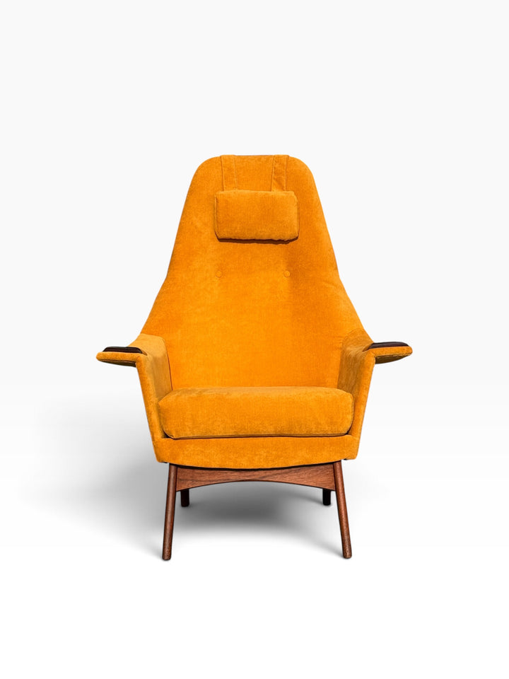 Adrian Pearsall lounge chair front view with headrest pillow and walnut arm caps