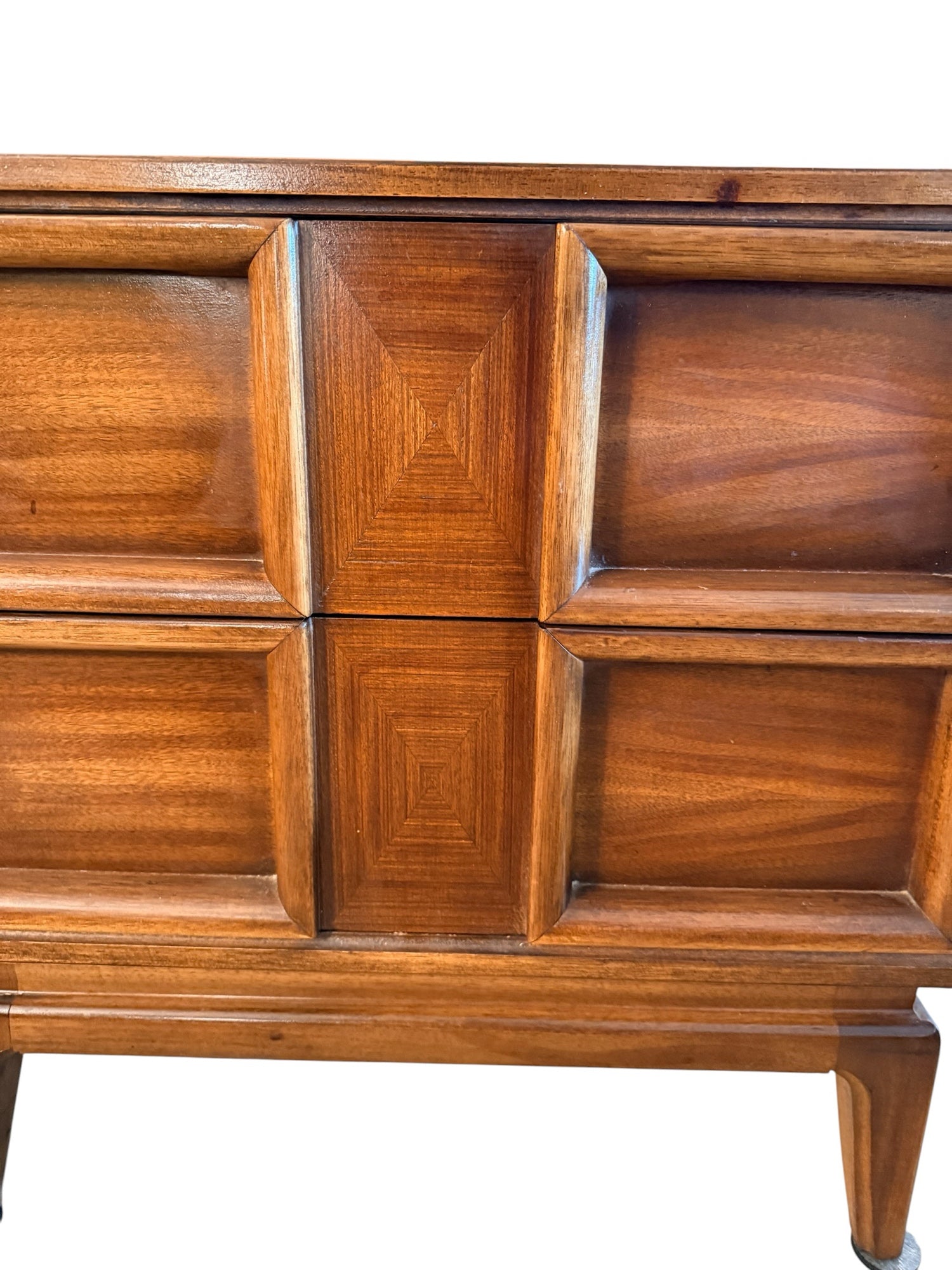 American of Martinsville Walnut Nightstand, second unit drawer front detail