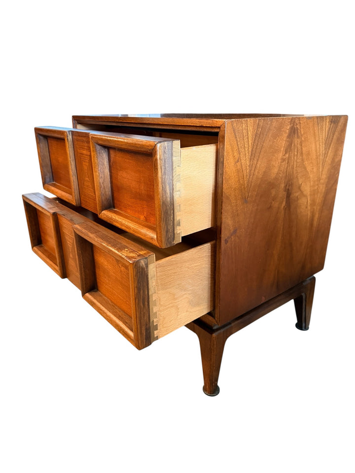 American of Martinsville Walnut Nightstand, drawers open showing dovetail construction