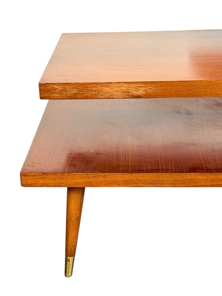 Mid Century Modern Walnut 3-Tier Side Table with Brass Tapered Legs image 11