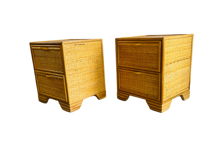 1970s Pair Spanish Lace Wicker & Bamboo Two Drawer Nightstands  image 2