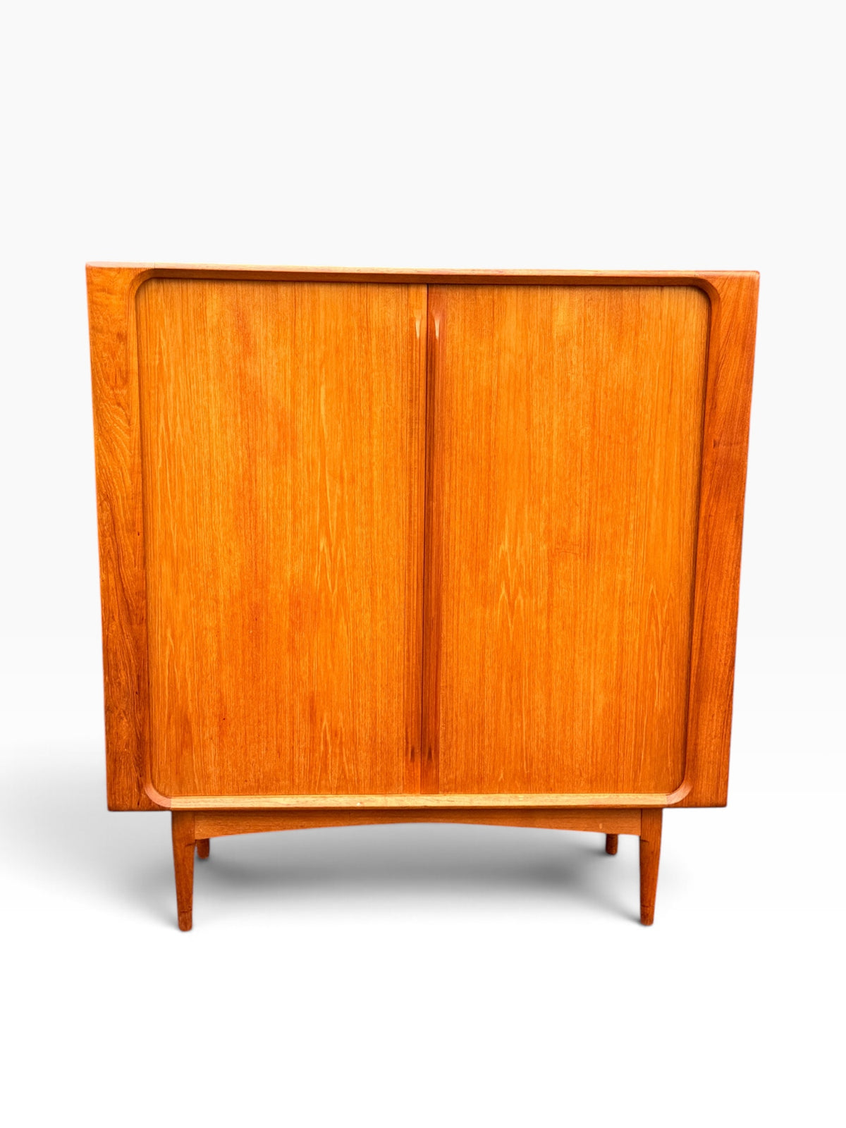 Teak highboard, front view with tambour doors closed