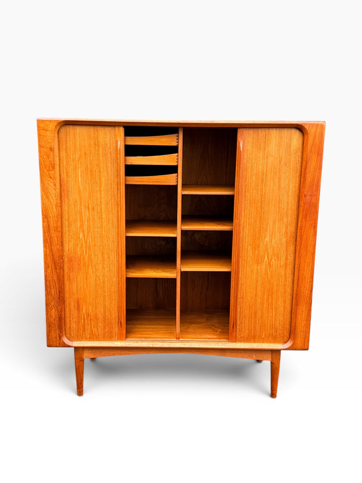 Teak highboard with both tambour doors open, showing drawers and adjustable shelves