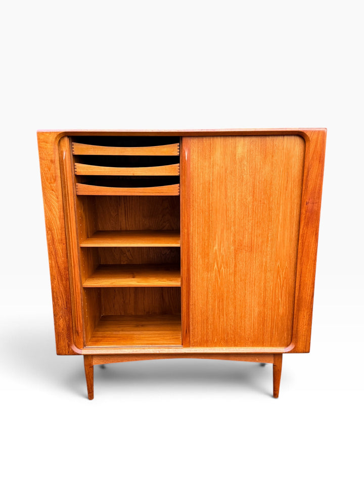 Teak highboard with left side open, showing drawers and shelves