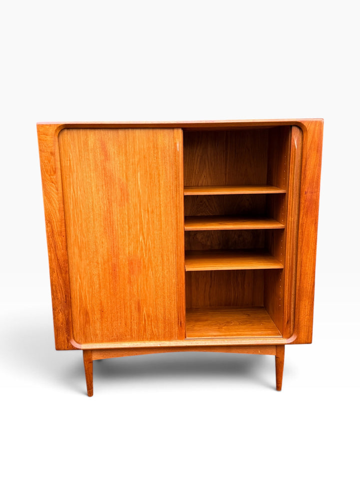 Teak highboard with right side open, showing adjustable shelves