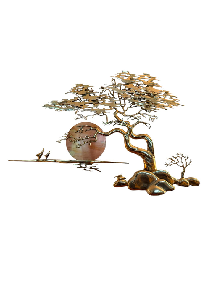 Bijan Brass and Copper Bonsai Tree Wall Sculpture, signed 1985, full view