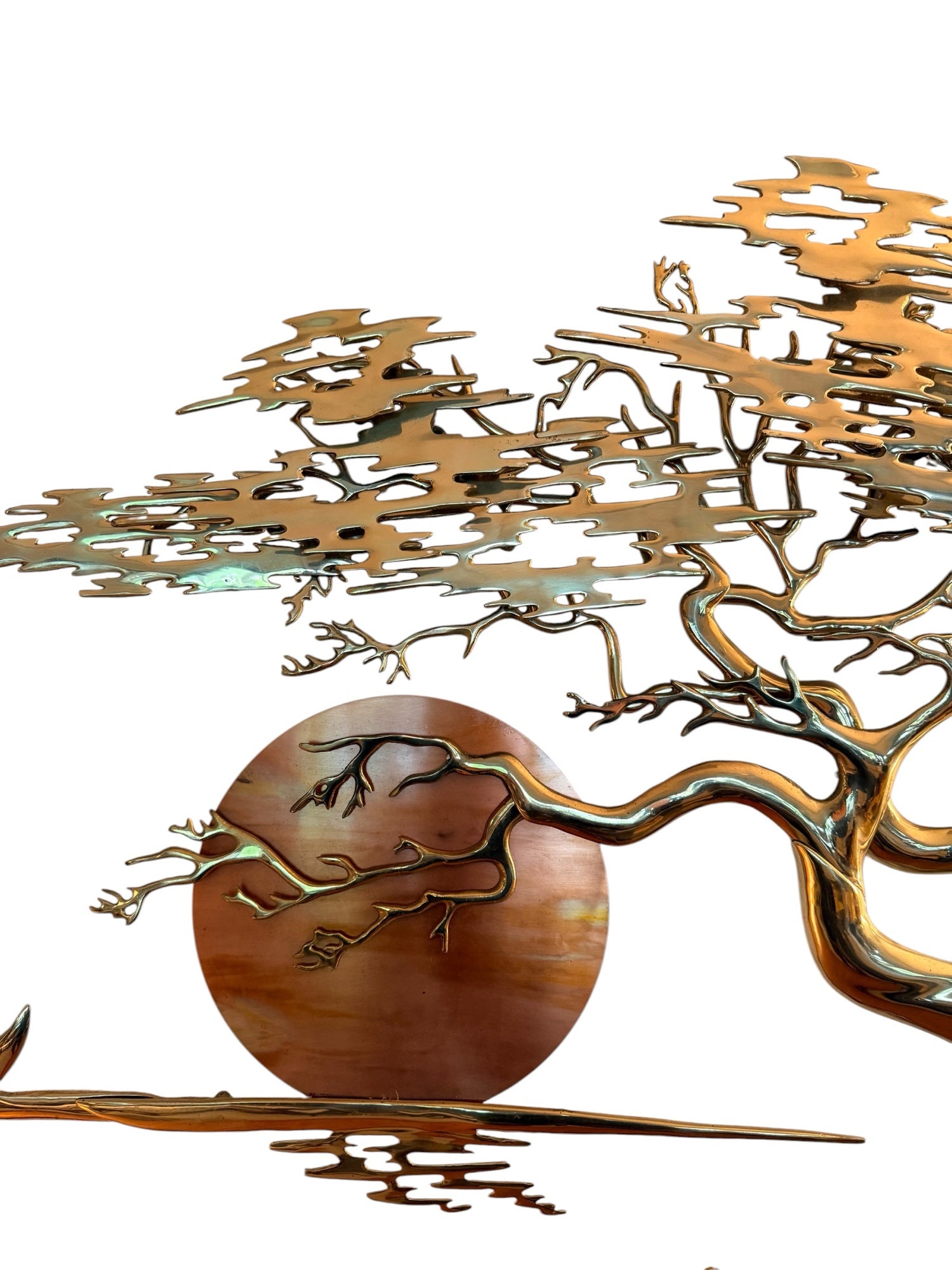 Bijan Brass Wall Sculpture, copper sun disc with brass branch overlay