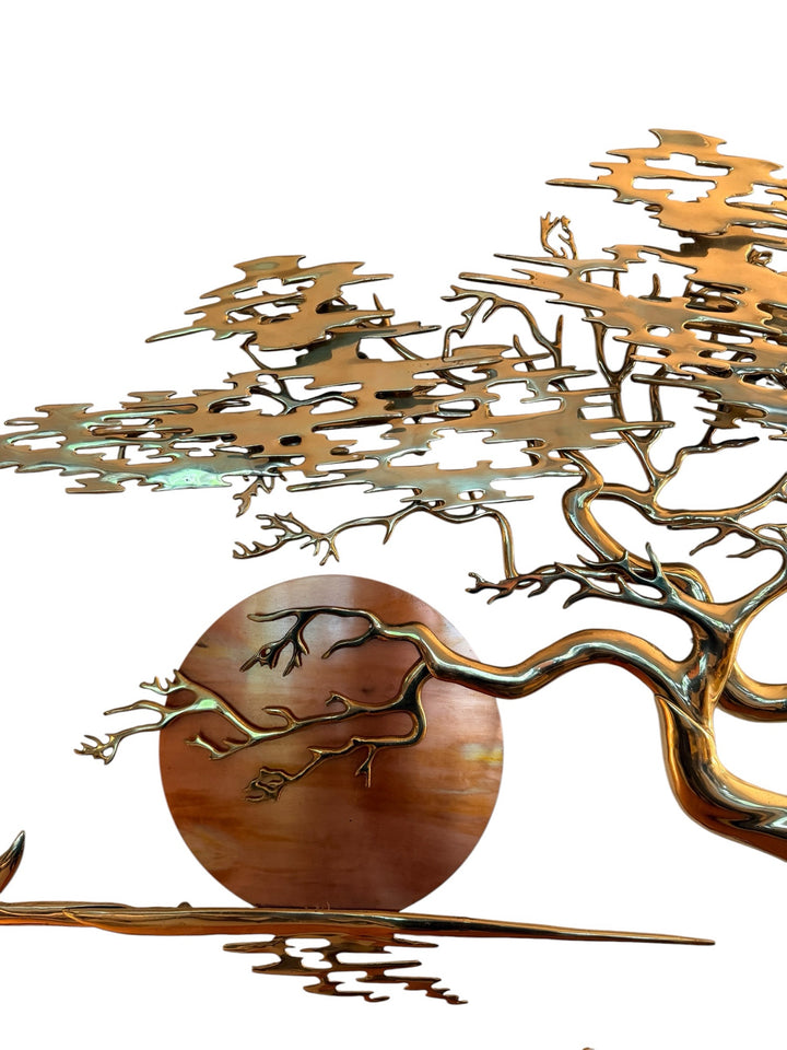 Bijan Brass Wall Sculpture, copper sun disc with brass branch overlay