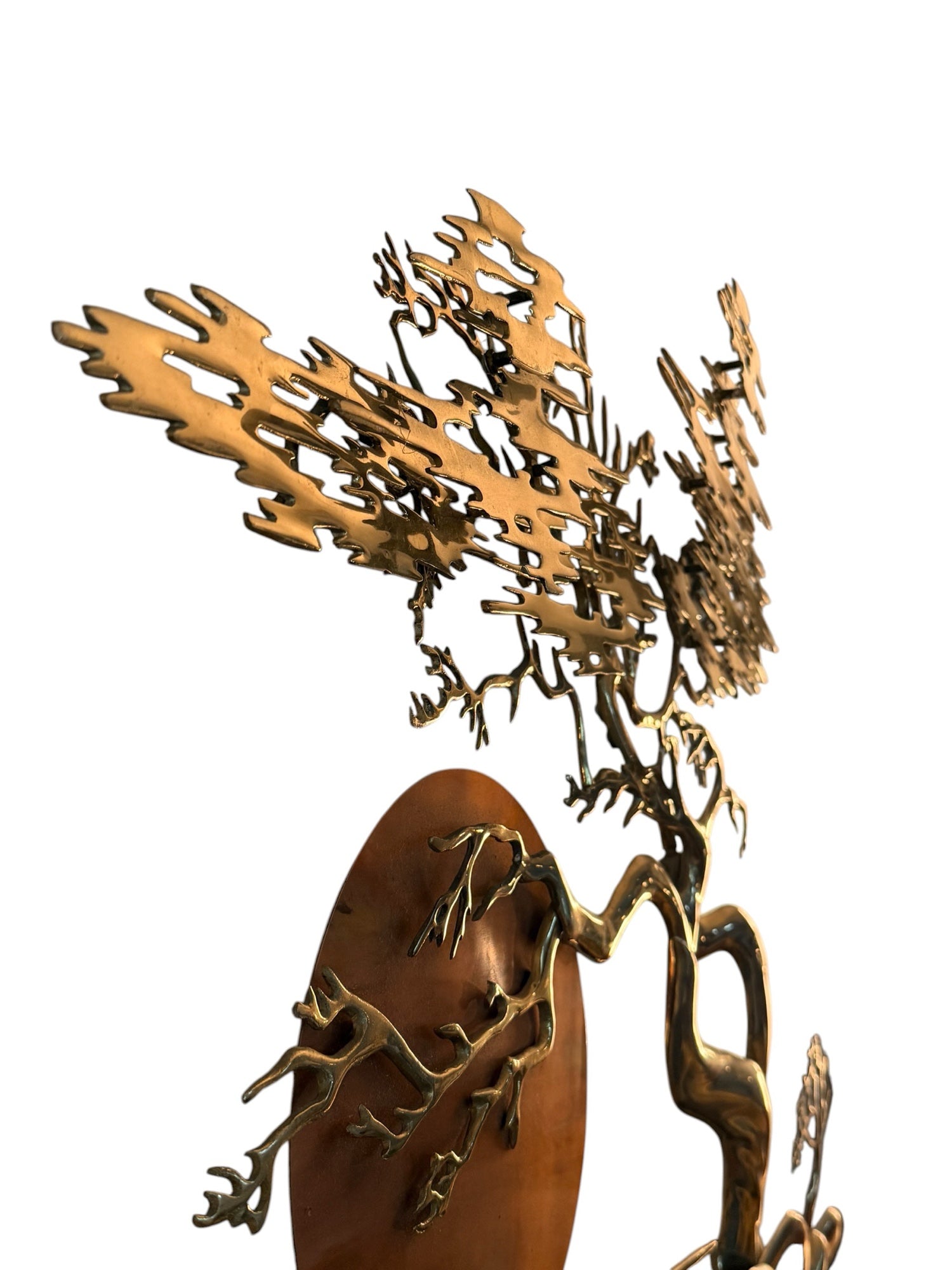 Bijan Brass Wall Sculpture, copper sun disc and lower scene detail