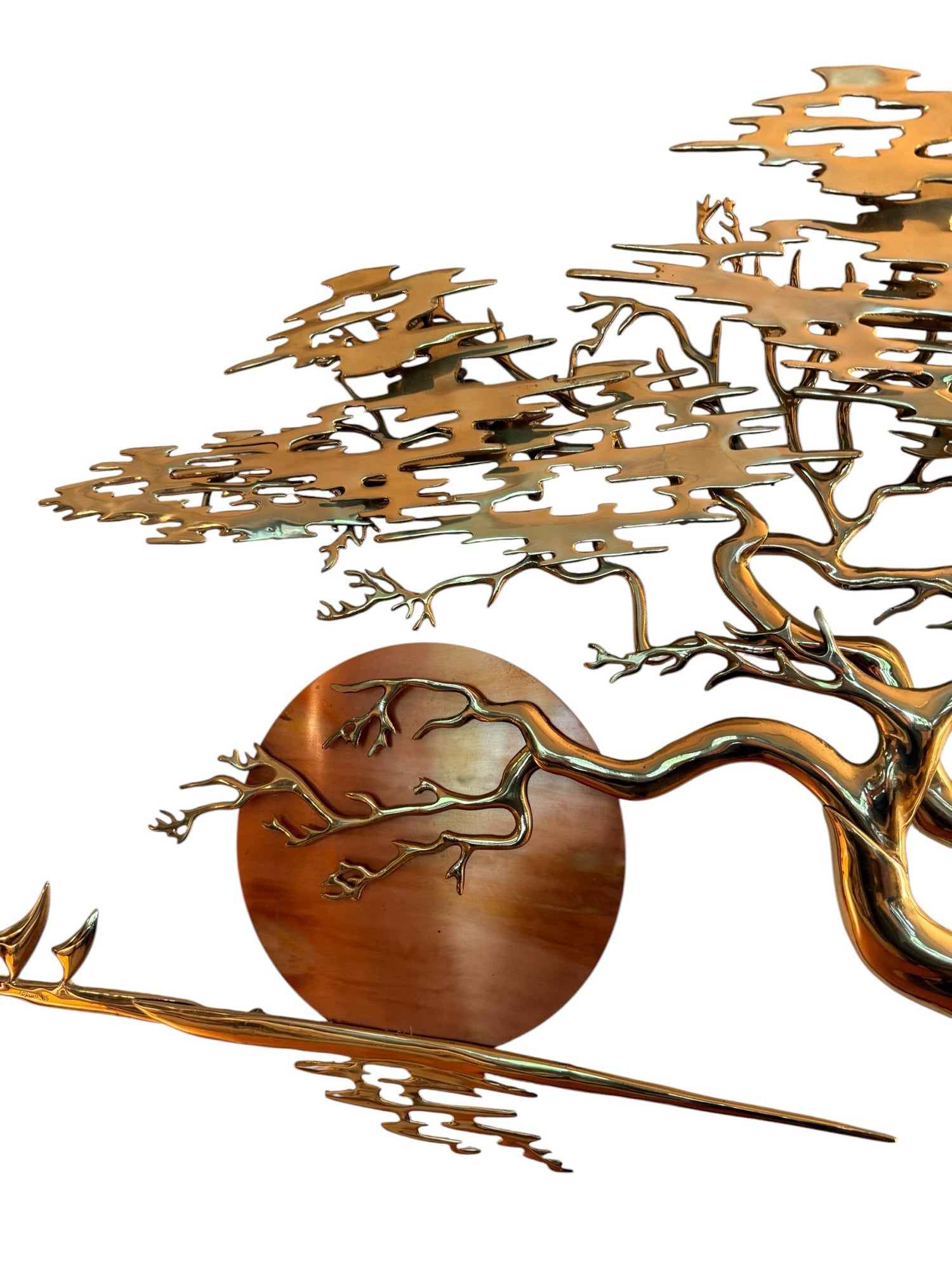 Bijan Brass Wall Sculpture, waterline reflection and copper sun disc detail