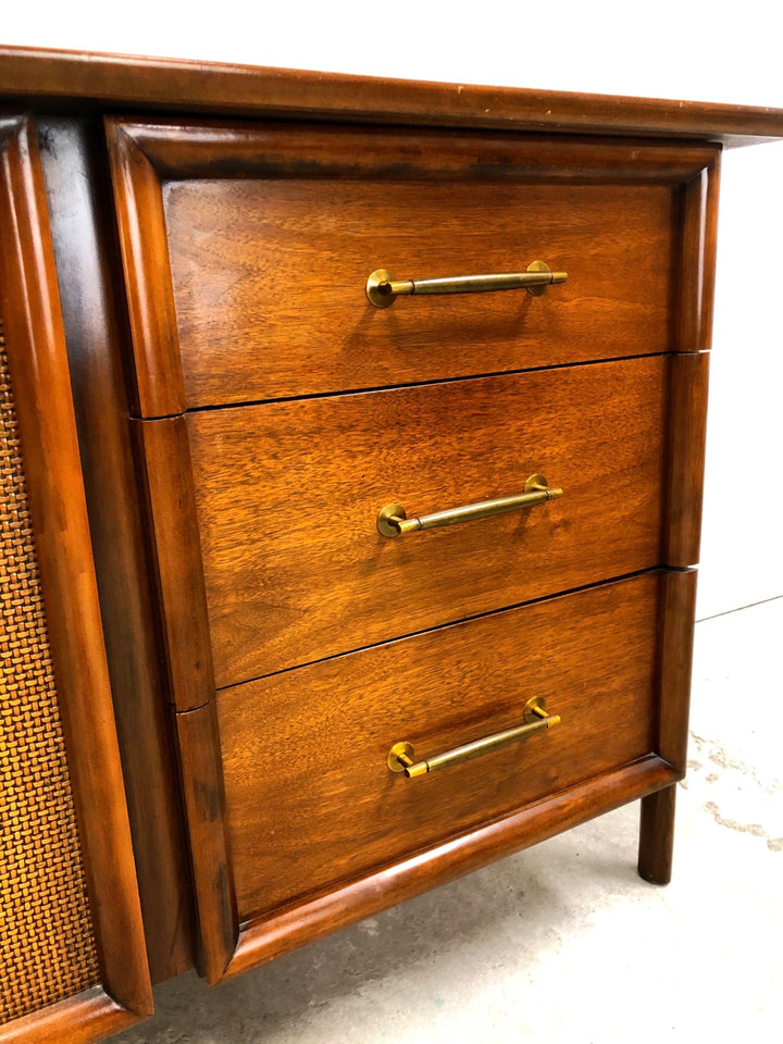 Mid-Century Modern wicker & Walnut Credenza with Sculptured Legs image 8