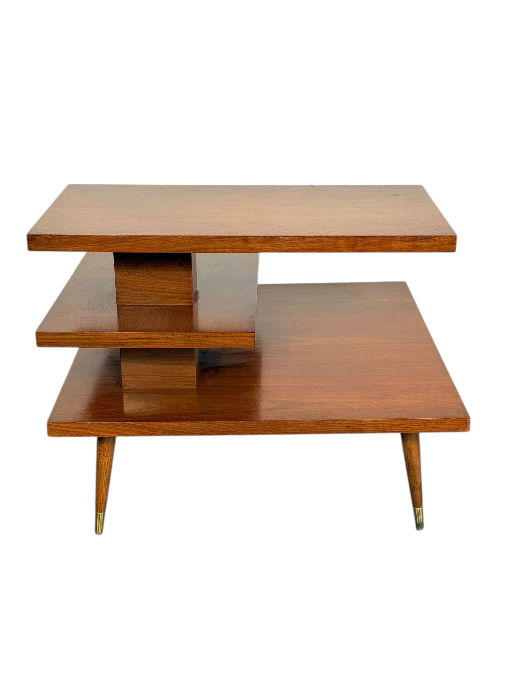 Mid Century Modern Walnut 3-Tier Side Table with Brass Tapered Legs image 12
