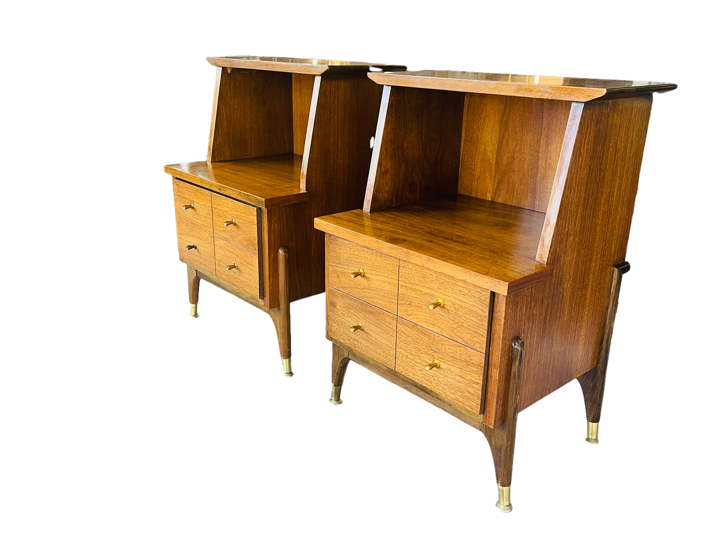 Pair Mid Century Modern Walnut Two Tiered Nightstands  image 2