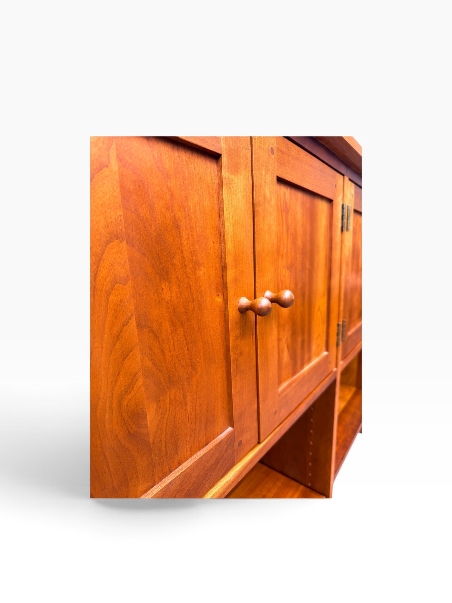 Turned cherry knob and inset hinge detail