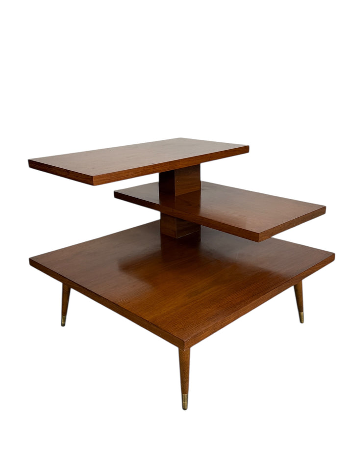 Mid Century Modern Walnut 3-Tier Side Table with Brass Tapered Legs image 0