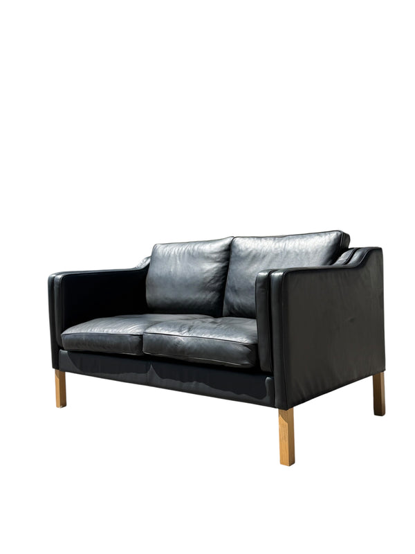 Mid-Century Modern Black Leather Sofa – Two Seater image 0