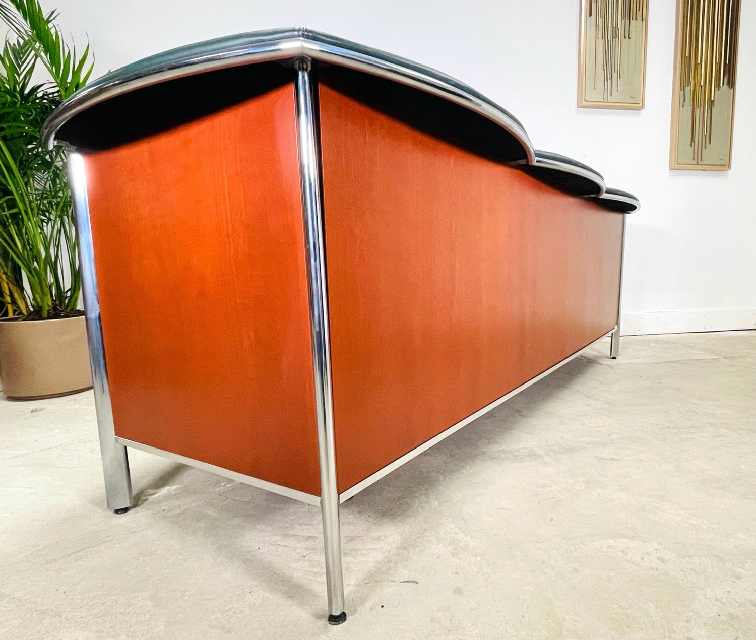 Vintage Teak & Chrome Office Leather Sofa image 1