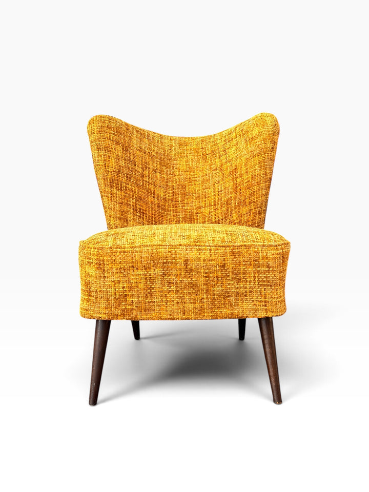 Danish modern cocktail chair in golden mustard tweed, front view