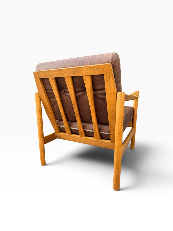 Rear angled view of slatted wood back