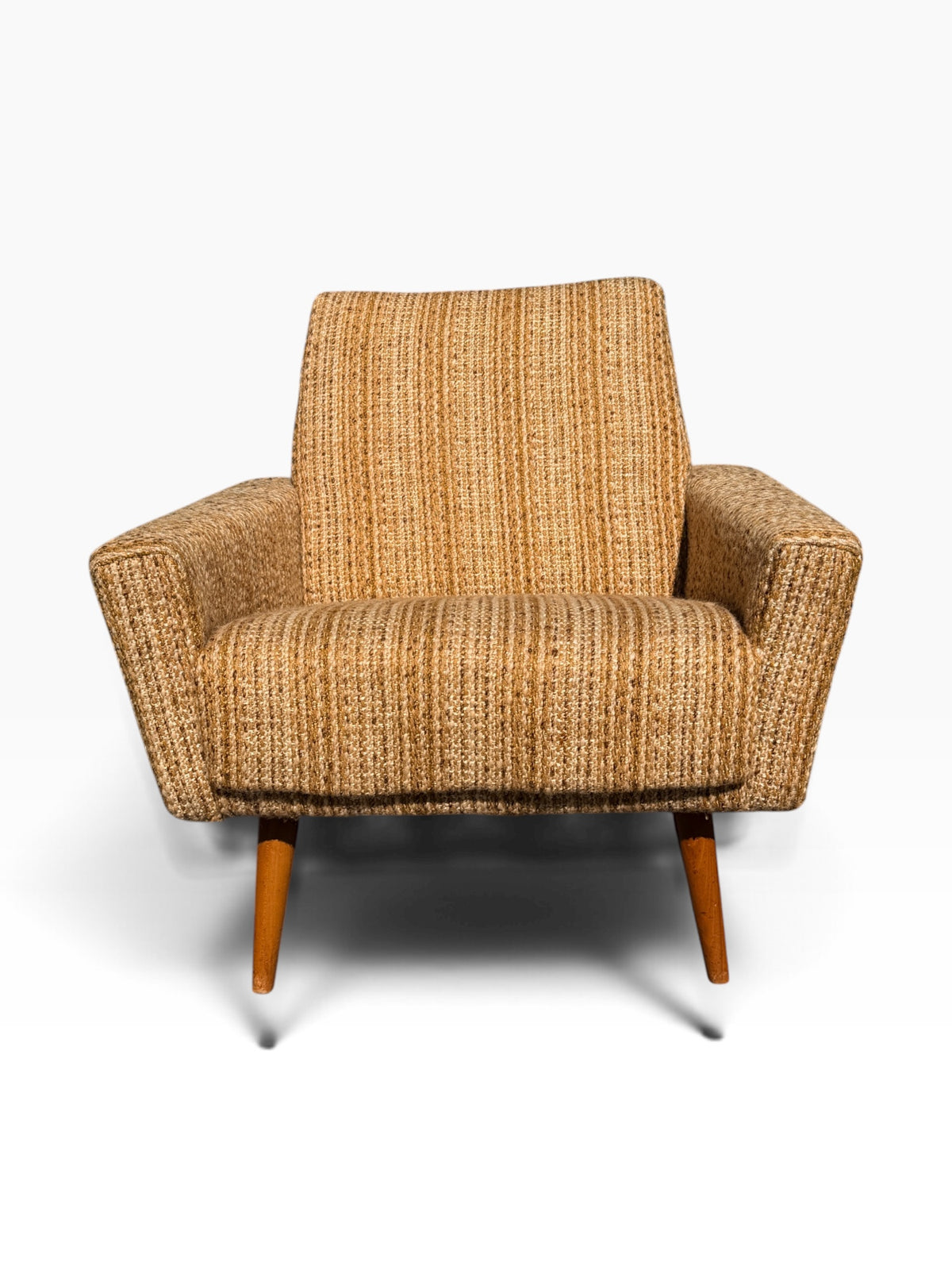 Single mid-century lounge chair in woven tweed, front view