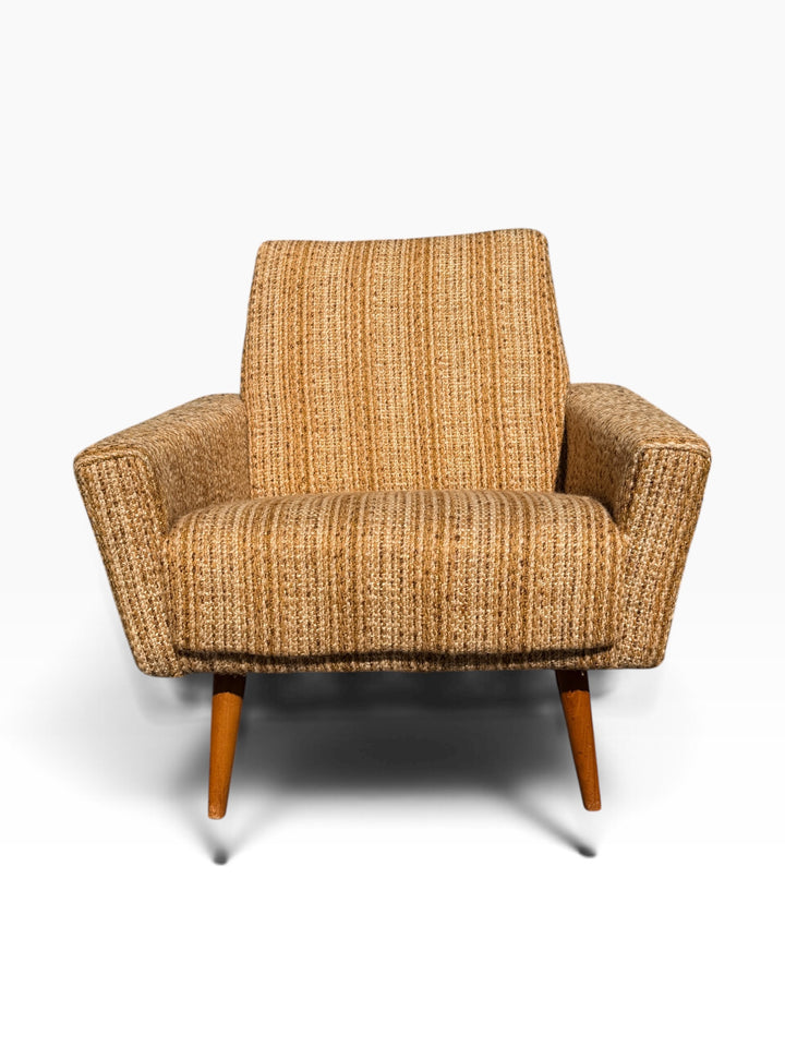 Single mid-century lounge chair in woven tweed, front view