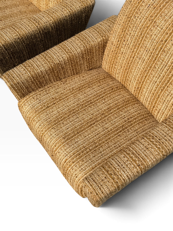 Close-up of seat cushion woven tweed fabric from above