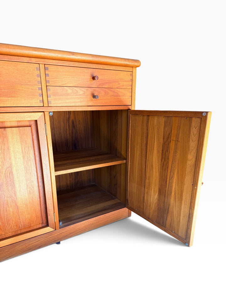 Teak sideboard door open, interior shelf detail
