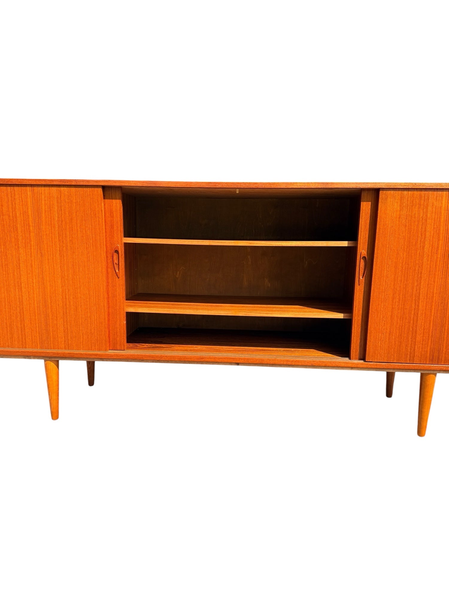 Danish Teak Credenza, center section open showing two adjustable shelves