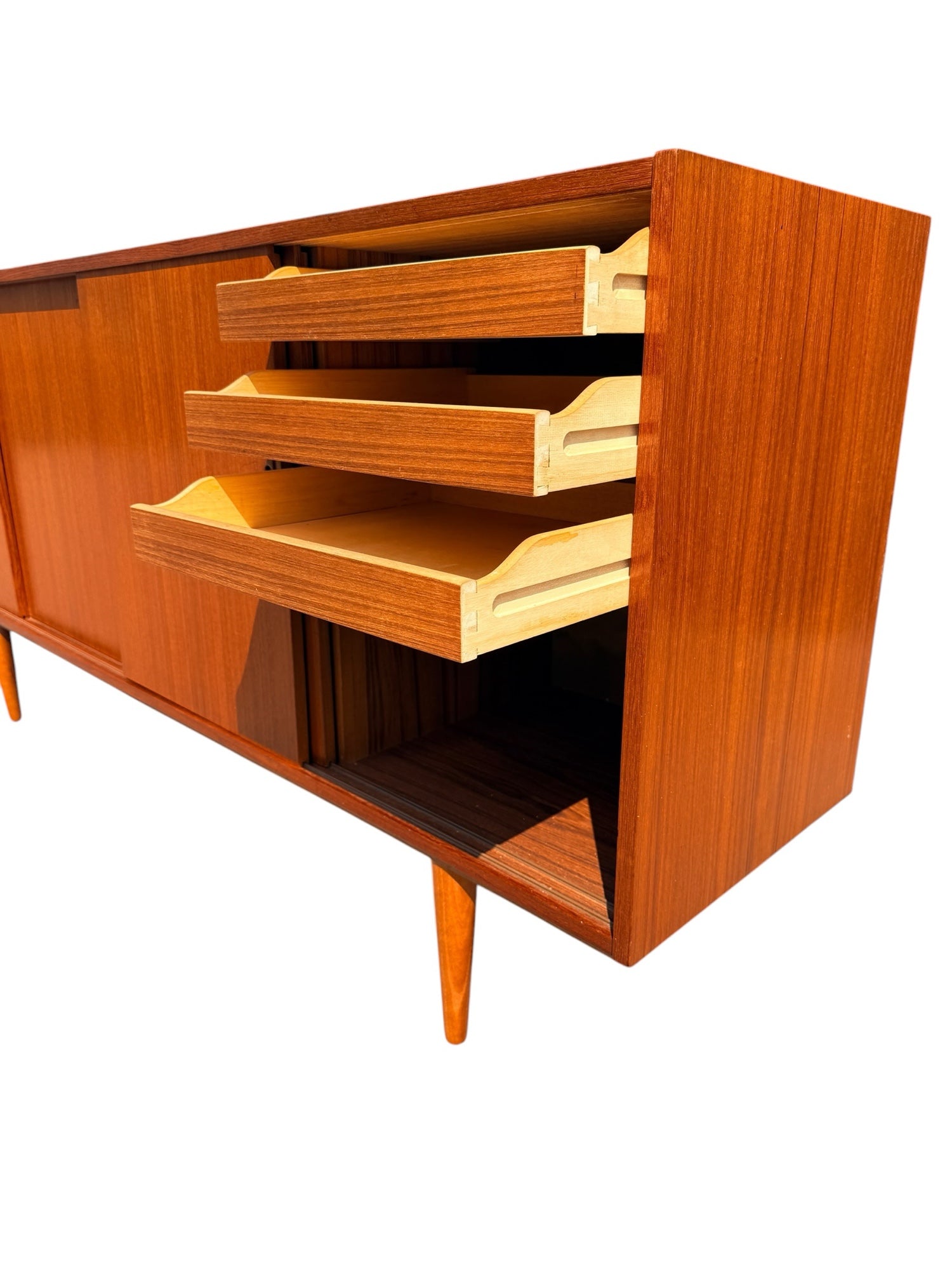 Danish Teak Credenza, right section open showing three drawers and storage